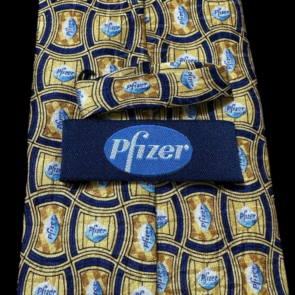 Pfizer Mens Silk Necktie Gold Navy Blue Geometric Logo Corporate Pharmaceutical